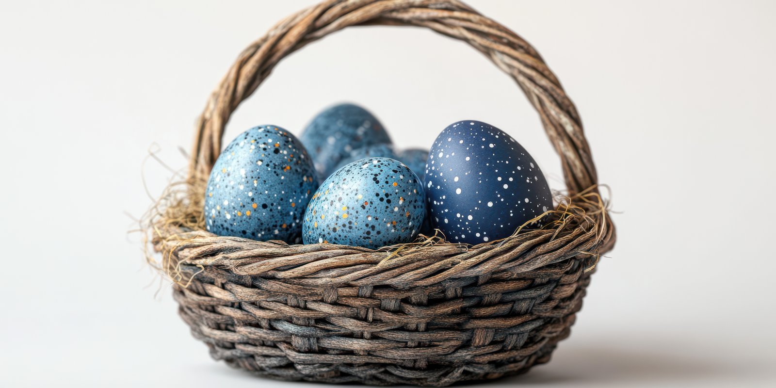 Beautifully crafted blue speckled Easter eggs arranged in a woven basket for seasonal celebration